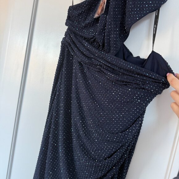 NWT Self-Portrait Cut-out Midi Dress In Navy Allover Rhinestone Front Slit Sz 12 - Picture 7 of 11